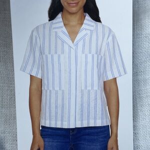 Buffalo David Bitton Women's XL Striped Linen Blouse White Blue d1535